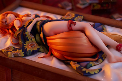 Spice and Wolf KD Colle Holo (Yukata Beauty Ver.) 1/7 Scale Figure reclining in a sunflower-patterned yukata with flowing orange hair.