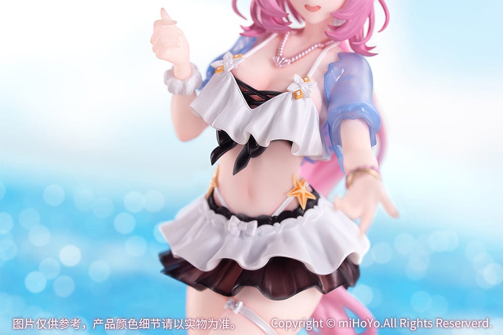 Honkai Impact 3rd Gift+ Elysia (Summer Miss Elf Ver.) 1/8 Scale Figure in beach outfit with pink hair, standing on a sandy base.