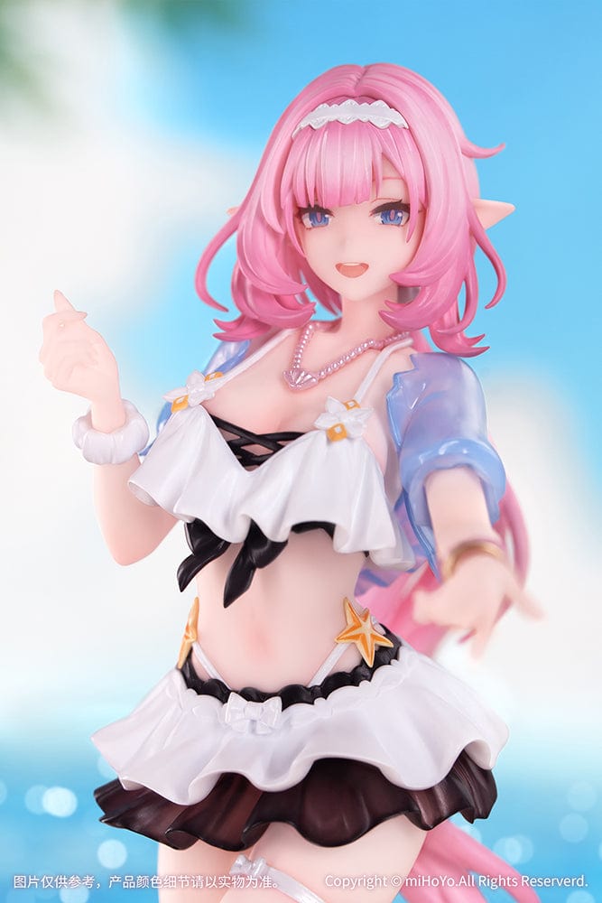 Honkai Impact 3rd Gift+ Elysia (Summer Miss Elf Ver.) 1/8 Scale Figure in beach outfit with pink hair, standing on a sandy base.