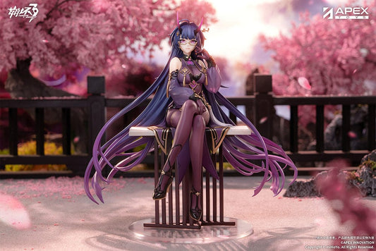 Honkai Impact 3rd Mei Raiden Herrscher of Thunder Aqueous Springtide Ver. 1/7 Scale Figure featuring Mei seated elegantly with flowing purple hair and a detailed violet and gold outfit.