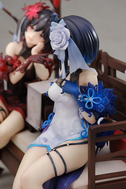 Honkai Impact 3rd Seele Vollerei (Mirrored Flourishes Ver.) 1/8 Scale Figure with serene expressions, intricate outfits, and floral accents, seated on a traditional bench.