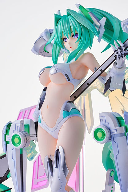 Hyperdimension Neptunia Green Heart 1/7 Scale Figure featuring Green Heart in her armor with vibrant green hair and intricate details, holding a large weapon and standing on a display base.