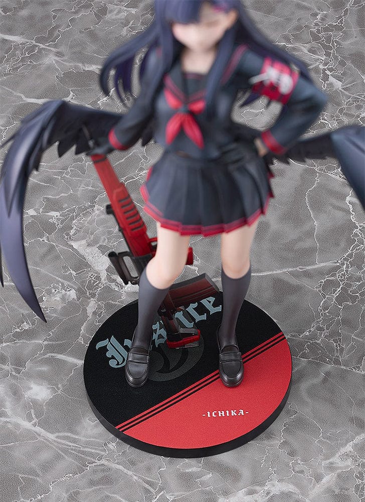 Blue Archive Ichika 1/7 scale figure in a dark school uniform with black wings, holding a red weapon and wearing a symbolic red halo-like accessory, with a calm, closed-eyed expression.