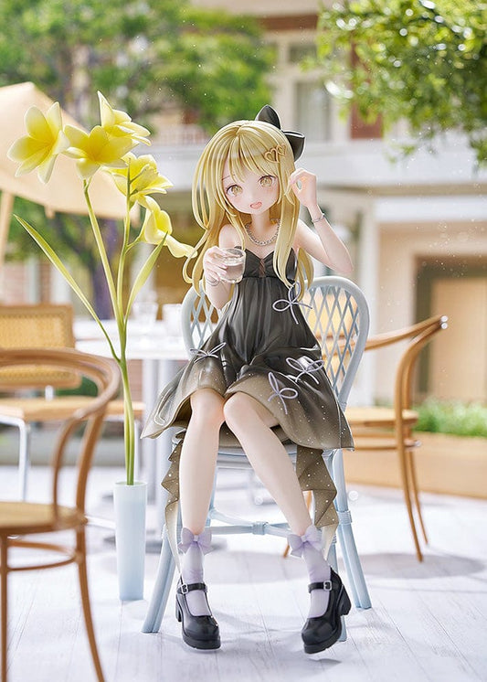 Nabi Illustration Toshishita Kanojo 1/6 Scale Figure featuring a blonde girl seated on a chair with a black dress, holding a drink, and accompanied by a vase of yellow flowers.