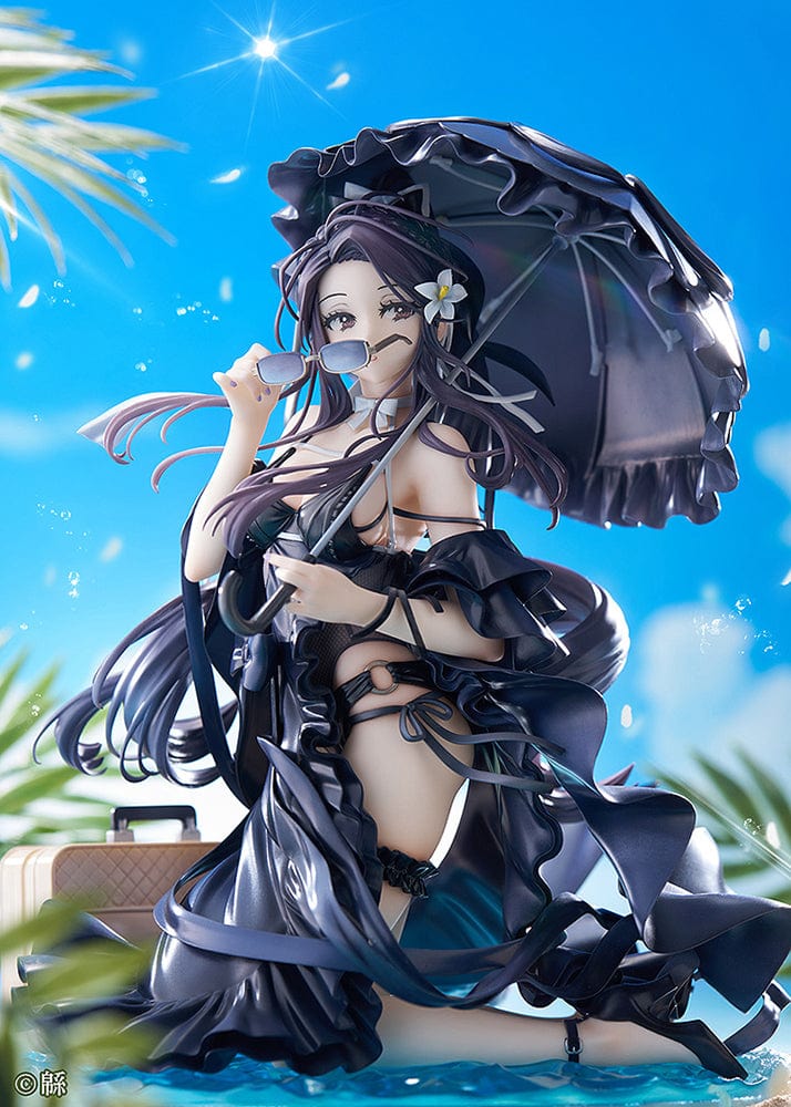 Wata Illustration Toshiue Kanojo 1/6 Scale Figure in black swimsuit holding parasol, with flowing hair and detailed base from Illustrator Collection.