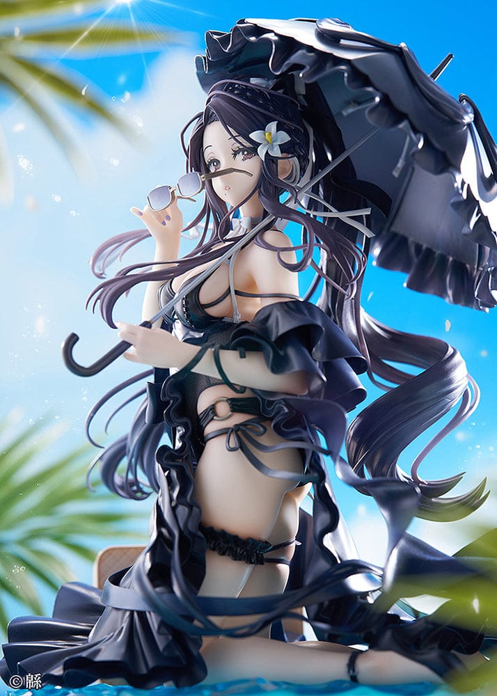 Wata Illustration Toshiue Kanojo 1/6 Scale Figure in black swimsuit holding parasol, with flowing hair and detailed base from Illustrator Collection.