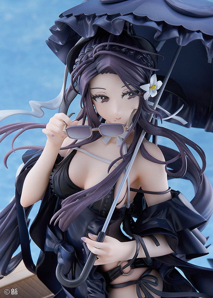 Wata Illustration Toshiue Kanojo 1/6 Scale Figure in black swimsuit holding parasol, with flowing hair and detailed base from Illustrator Collection.