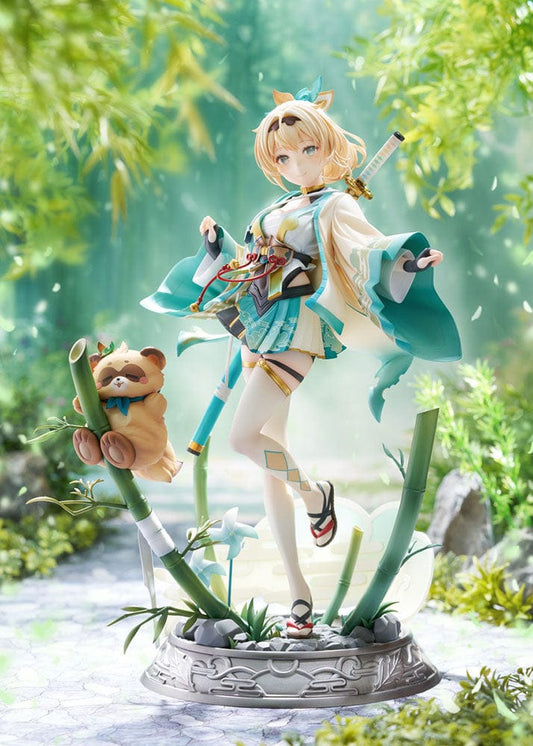 Hololive Production Iroha Kazama 1/7 Scale Figure, depicting Iroha in a playful pose stepping over a stream with a panda companion, surrounded by bamboo, in vibrant costume colors of blue and green, designed with high detail and quality materials.