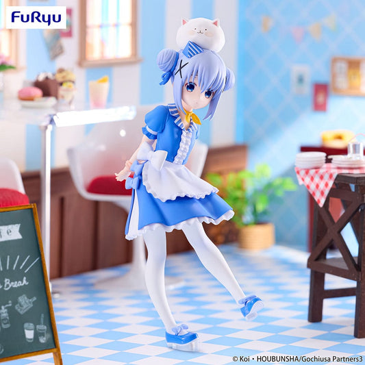 Is the Order a Rabbit? BLOOM Trio-Try-iT Chino Figure, featuring Chino in a frilly blue maid outfit with Tippy perched on her head, showcasing a gentle and detailed design.