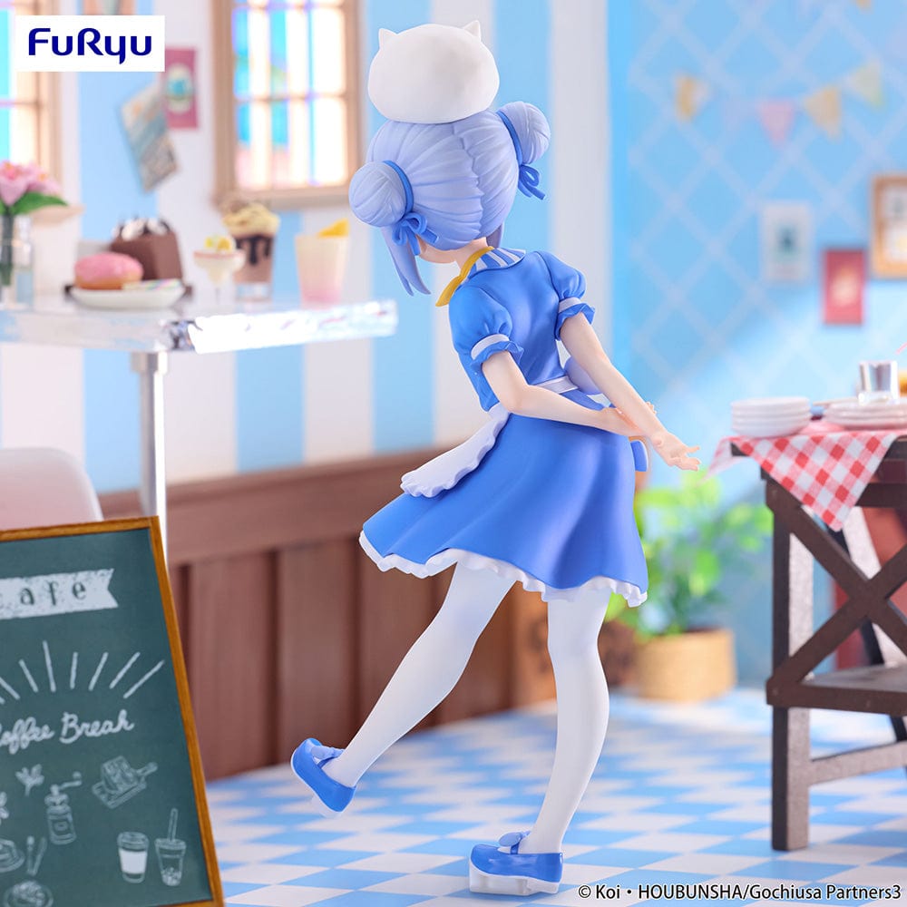 Is the Order a Rabbit? BLOOM Trio-Try-iT Chino Figure, featuring Chino in a frilly blue maid outfit with Tippy perched on her head, showcasing a gentle and detailed design.