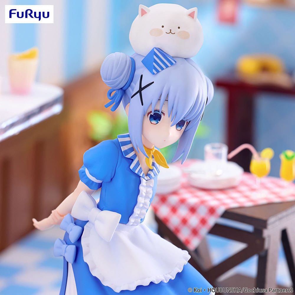 Is the Order a Rabbit? BLOOM Trio-Try-iT Chino Figure, featuring Chino in a frilly blue maid outfit with Tippy perched on her head, showcasing a gentle and detailed design.