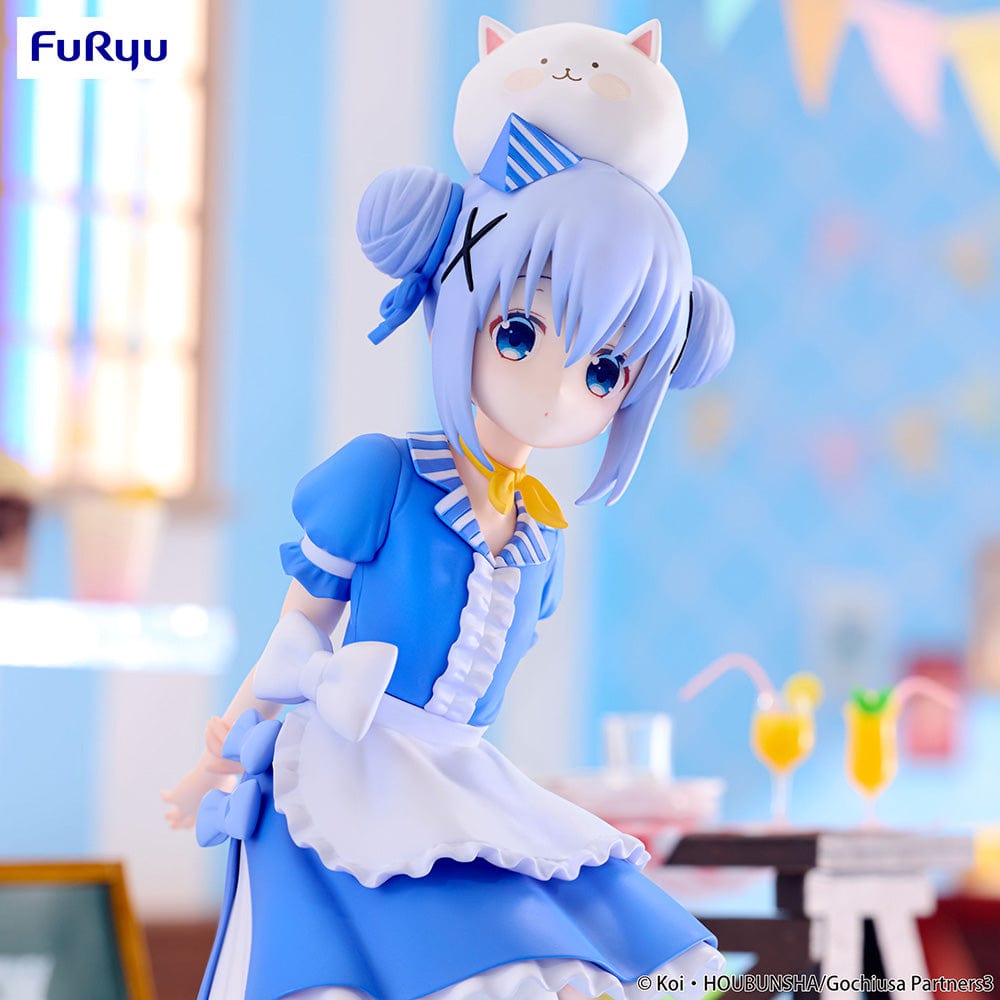 Is the Order a Rabbit? BLOOM Trio-Try-iT Chino Figure, featuring Chino in a frilly blue maid outfit with Tippy perched on her head, showcasing a gentle and detailed design.