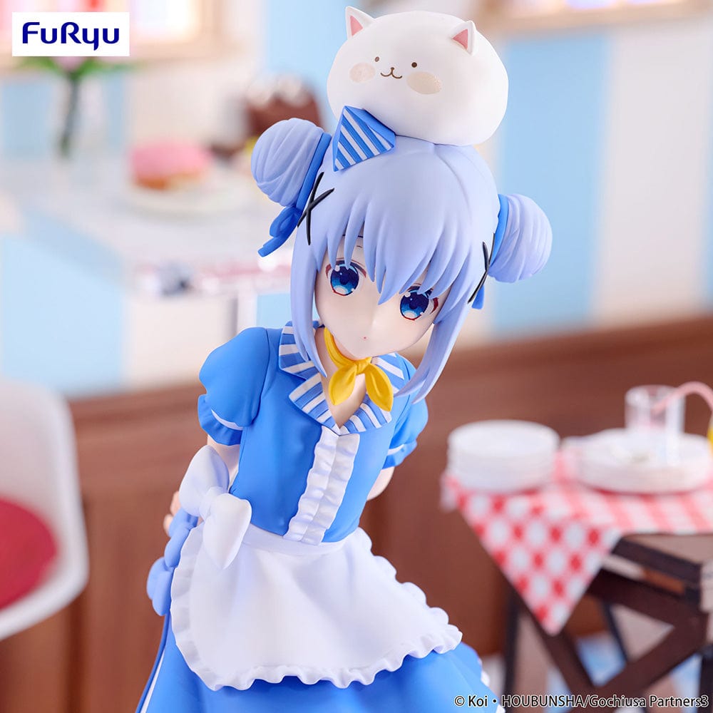 Is the Order a Rabbit? BLOOM Trio-Try-iT Chino Figure, featuring Chino in a frilly blue maid outfit with Tippy perched on her head, showcasing a gentle and detailed design.