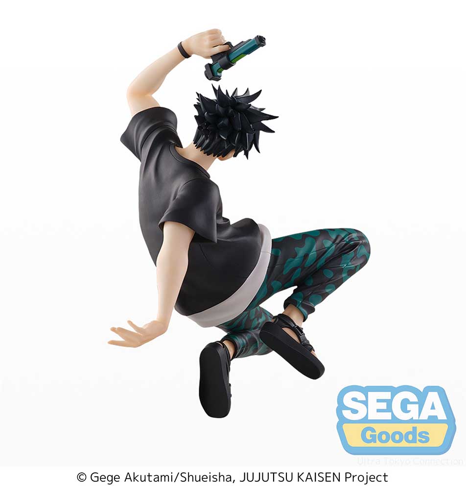Jujutsu Kaisen SPLASH x BATTLE Re: Megumi Fushiguro Figure featuring dynamic action pose, black and green camo pants, and detailed accessories, perfect for fans and collectors.