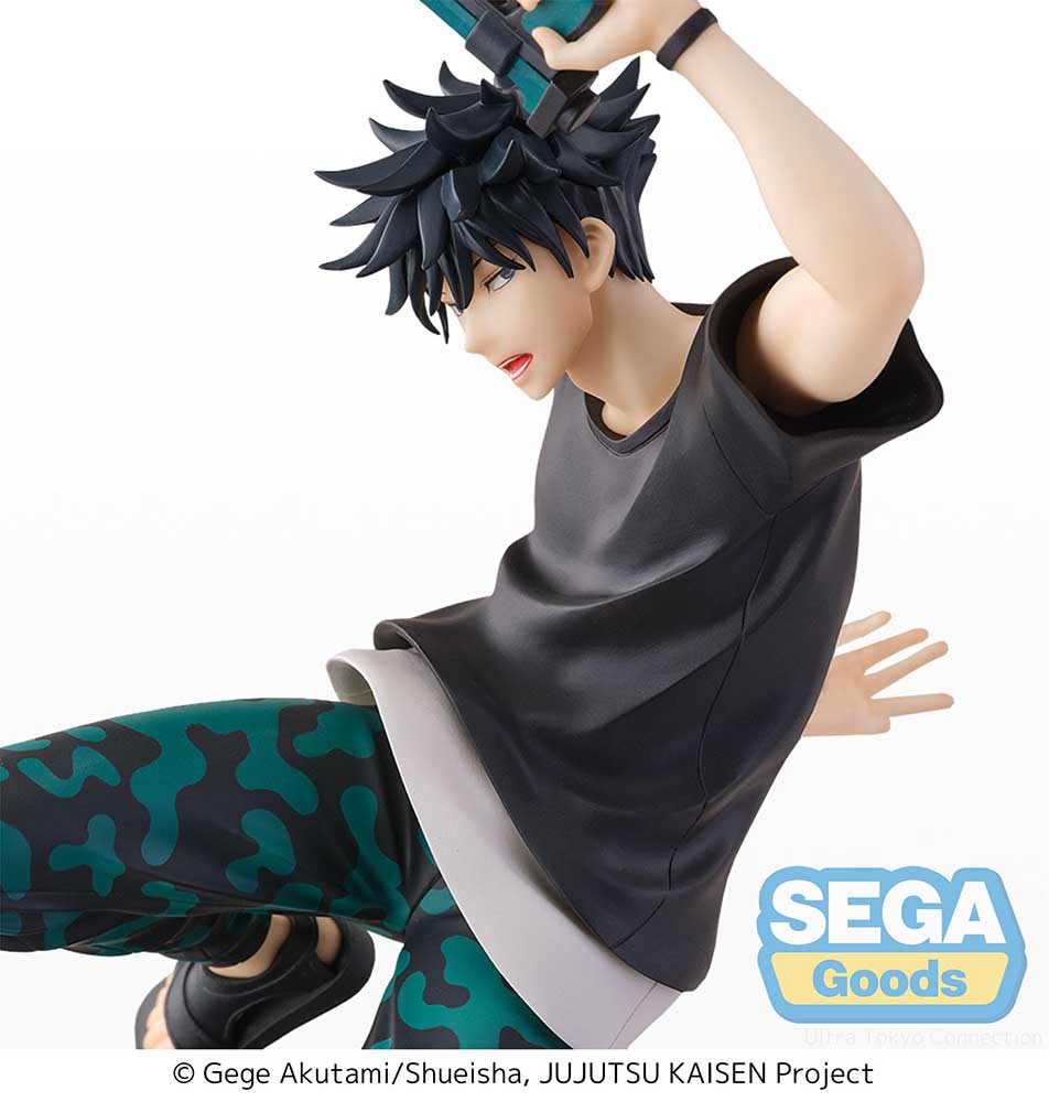 Jujutsu Kaisen SPLASH x BATTLE Re: Megumi Fushiguro Figure featuring dynamic action pose, black and green camo pants, and detailed accessories, perfect for fans and collectors.
