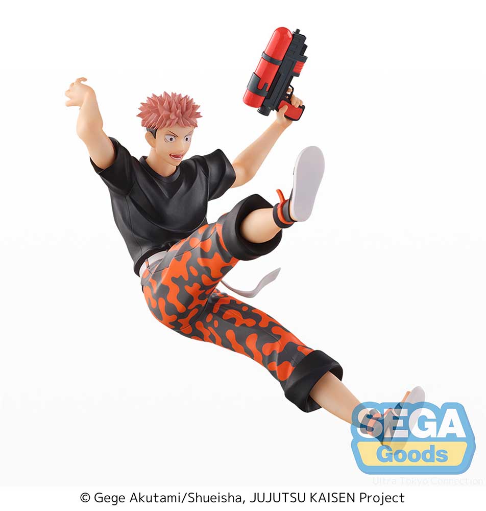 Jujutsu Kaisen SPLASH x BATTLE Re: Yuji Itadori Figure featuring dynamic action pose, black and red camo pants, and detailed accessories, perfect for fans and collectors.