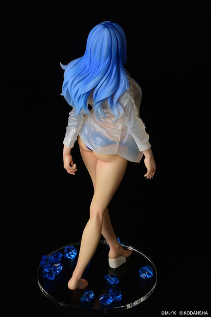 The figure depicts a character with blue hair and a blue swimsuit, complemented by a translucent white shirt, standing on a base adorned with crystal-like decorations.