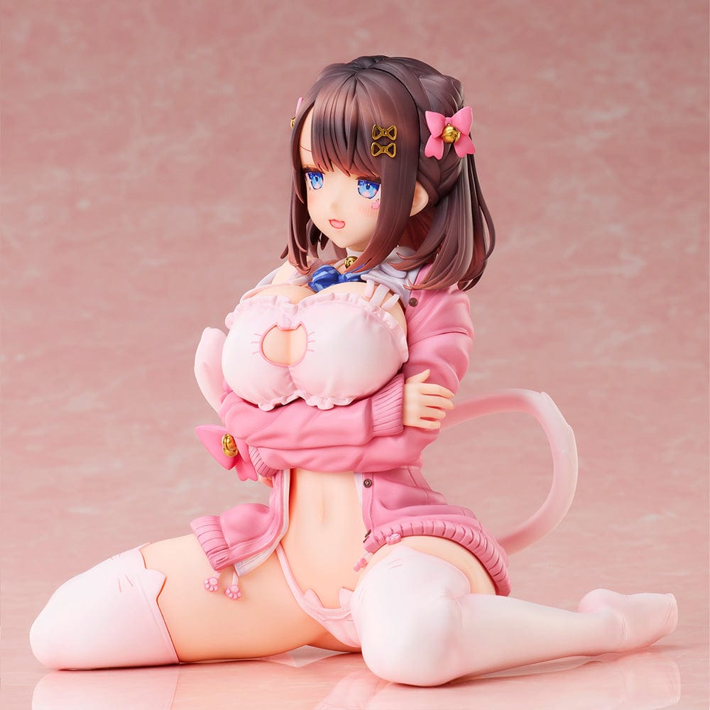 KATTO Illustration Ribbon Hairpin-chan Figure featuring a seated figure in a pink outfit with hair ribbons and bell charms, posed on a soft mat.