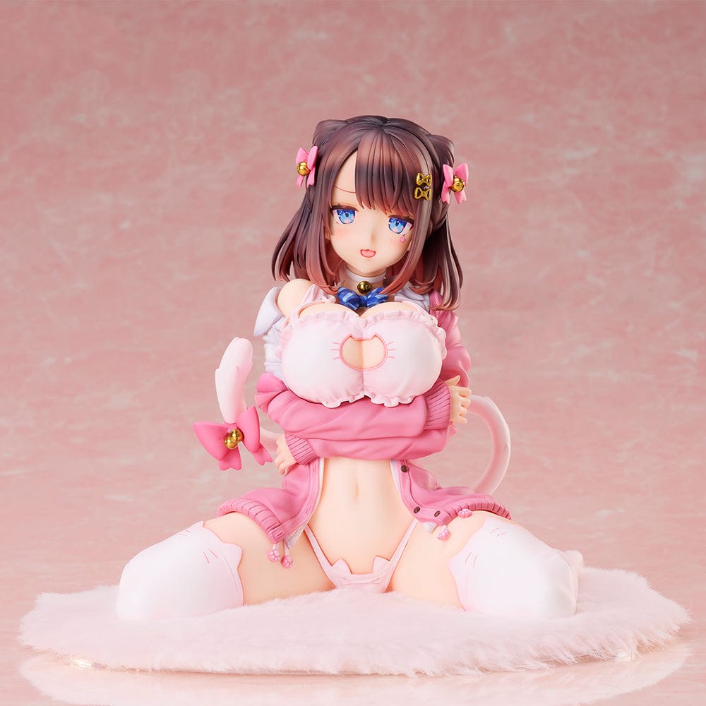 KATTO Illustration Ribbon Hairpin-chan Figure featuring a seated figure in a pink outfit with hair ribbons and bell charms, posed on a soft mat.