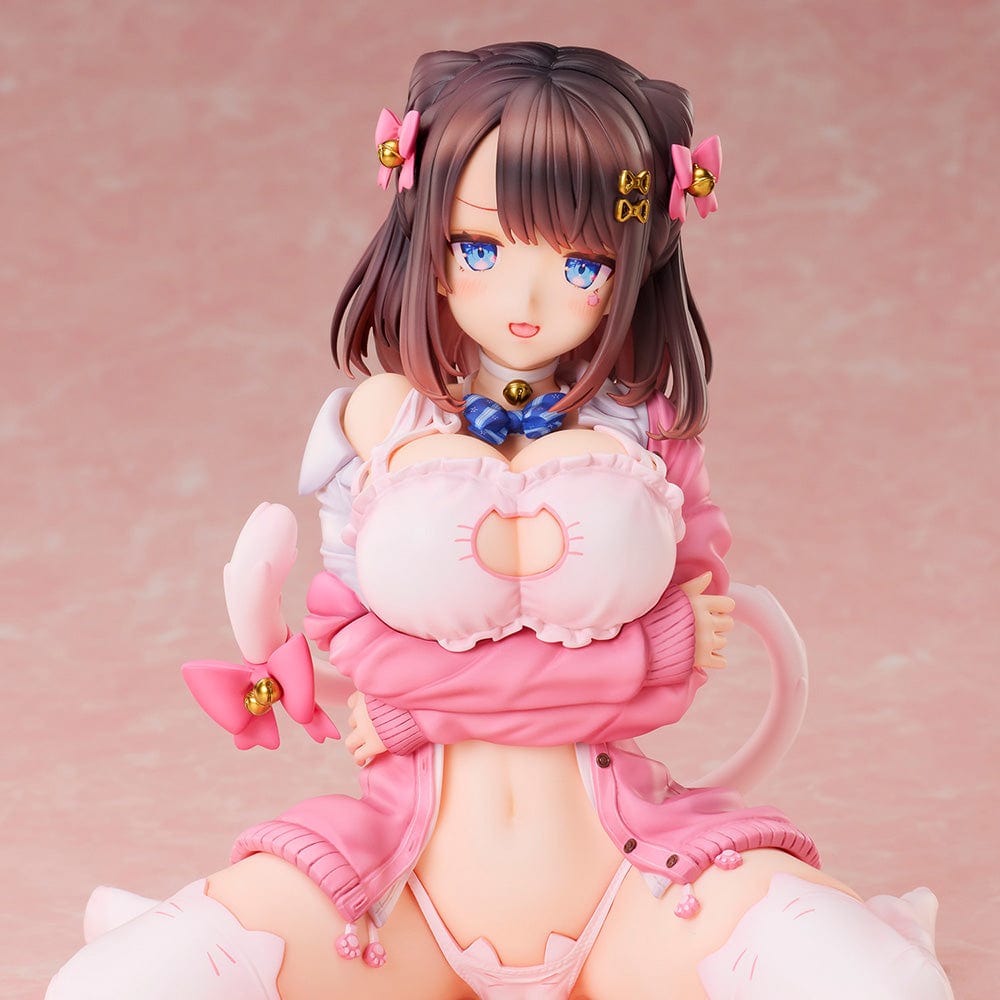 KATTO Illustration Ribbon Hairpin-chan Figure featuring a seated figure in a pink outfit with hair ribbons and bell charms, posed on a soft mat.