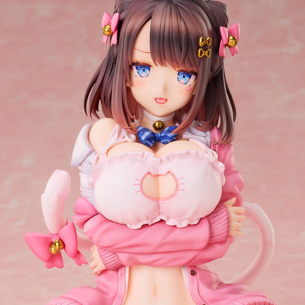 KATTO Illustration Ribbon Hairpin-chan Figure featuring a seated figure in a pink outfit with hair ribbons and bell charms, posed on a soft mat.