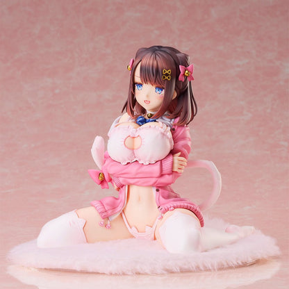 KATTO Illustration Ribbon Hairpin-chan Figure featuring a seated figure in a pink outfit with hair ribbons and bell charms, posed on a soft mat.