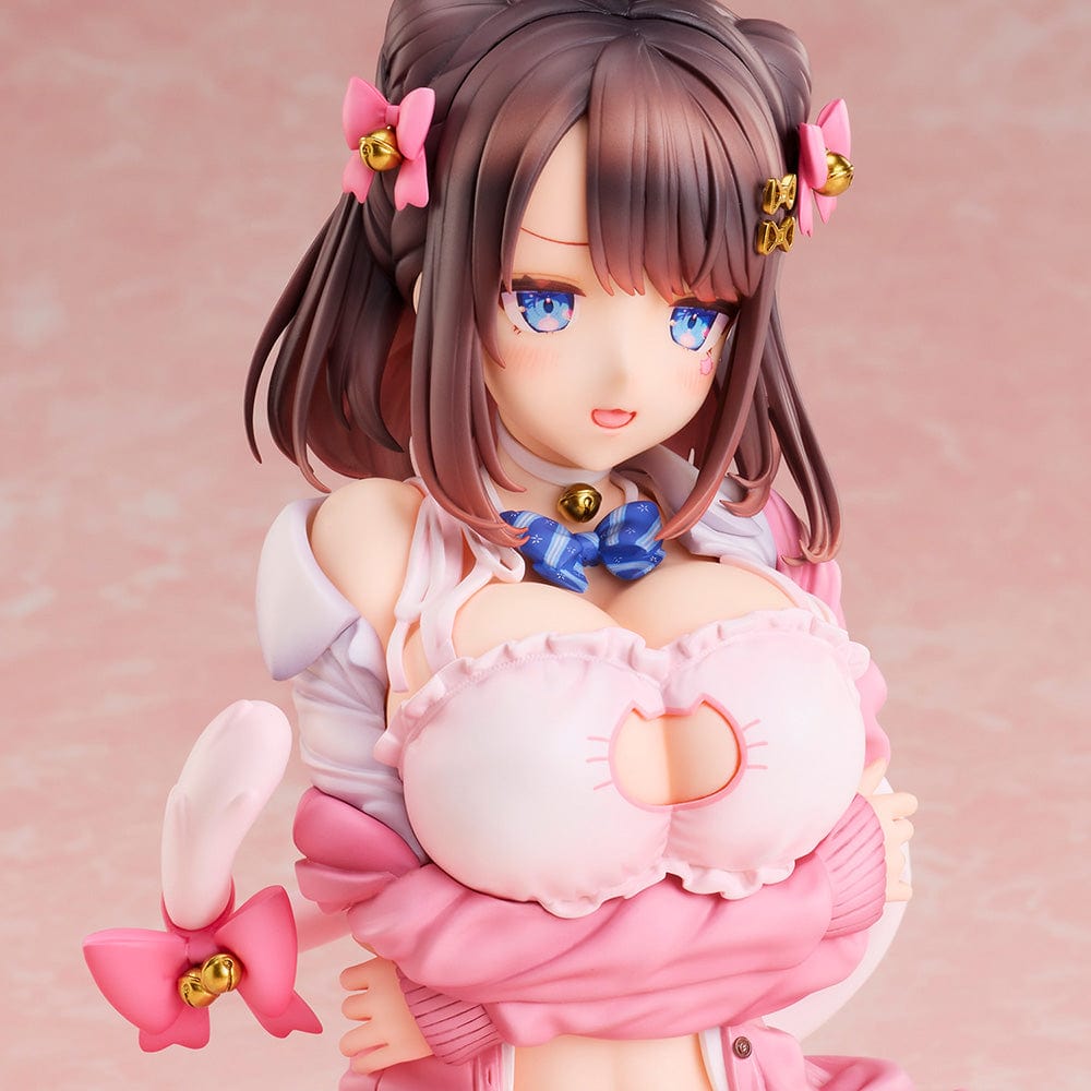 KATTO Illustration Ribbon Hairpin-chan Figure featuring a seated figure in a pink outfit with hair ribbons and bell charms, posed on a soft mat.