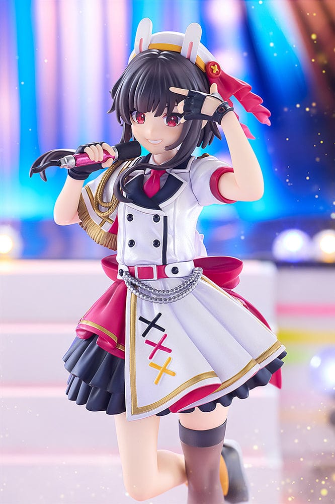 KonoSuba KD Colle Megumin (Light Novel Idol Ver.) figure in red, white, and black idol outfit with bunny ears, holding a microphone.