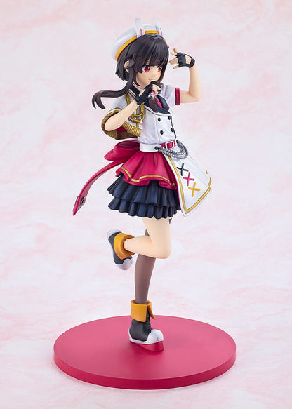 KonoSuba KD Colle Megumin (Light Novel Idol Ver.) figure in red, white, and black idol outfit with bunny ears, holding a microphone.