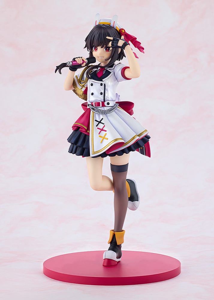 KonoSuba KD Colle Megumin (Light Novel Idol Ver.) figure in red, white, and black idol outfit with bunny ears, holding a microphone.