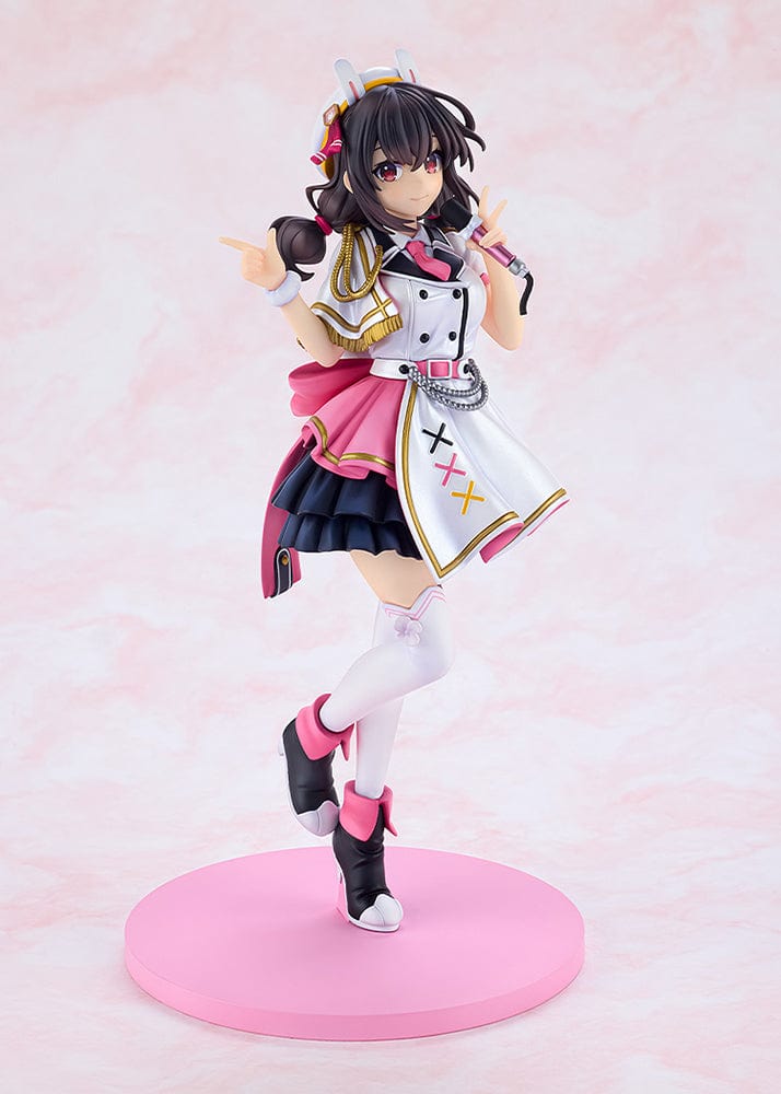 KonoSuba KD Colle Yunyun (Light Novel Idol Ver.) figure in pink, white, and black idol outfit with bunny ears, holding a microphone.