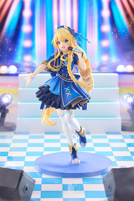 KonoSuba KD Colle Iris (Light Novel Idol Ver.) figure in blue idol outfit with braided blonde hair, bunny ears, and holding a microphone.