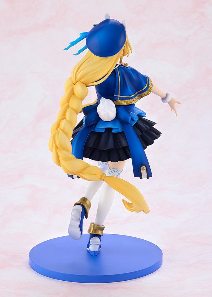 KonoSuba KD Colle Iris (Light Novel Idol Ver.) figure in blue idol outfit with braided blonde hair, bunny ears, and holding a microphone.