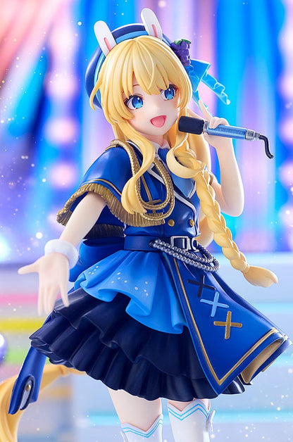 KonoSuba KD Colle Iris (Light Novel Idol Ver.) figure in blue idol outfit with braided blonde hair, bunny ears, and holding a microphone.