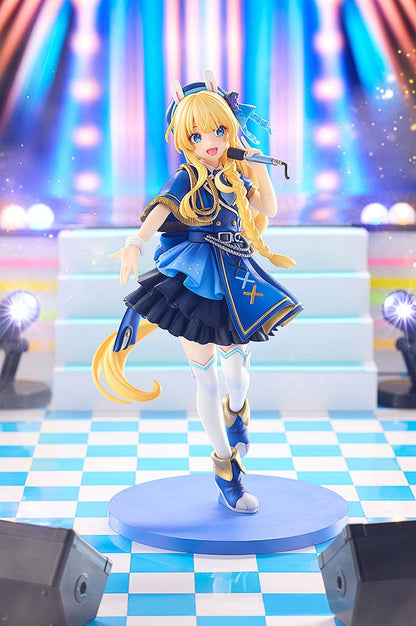 KonoSuba KD Colle Iris (Light Novel Idol Ver.) figure in blue idol outfit with braided blonde hair, bunny ears, and holding a microphone.