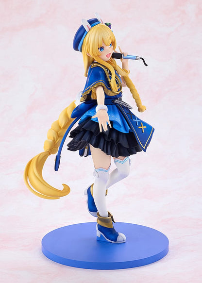 KonoSuba KD Colle Iris (Light Novel Idol Ver.) figure in blue idol outfit with braided blonde hair, bunny ears, and holding a microphone.