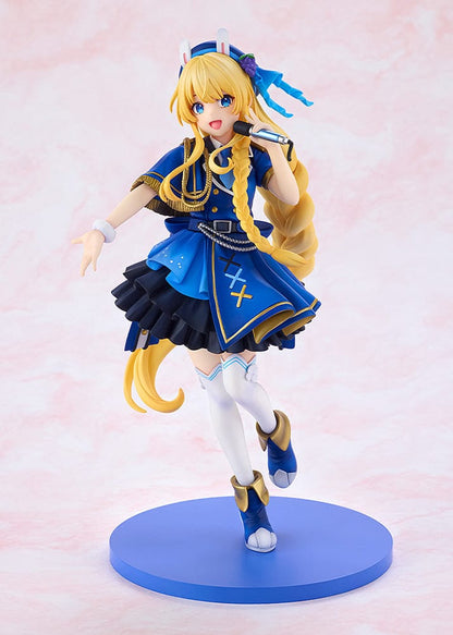 KonoSuba KD Colle Iris (Light Novel Idol Ver.) figure in blue idol outfit with braided blonde hair, bunny ears, and holding a microphone.