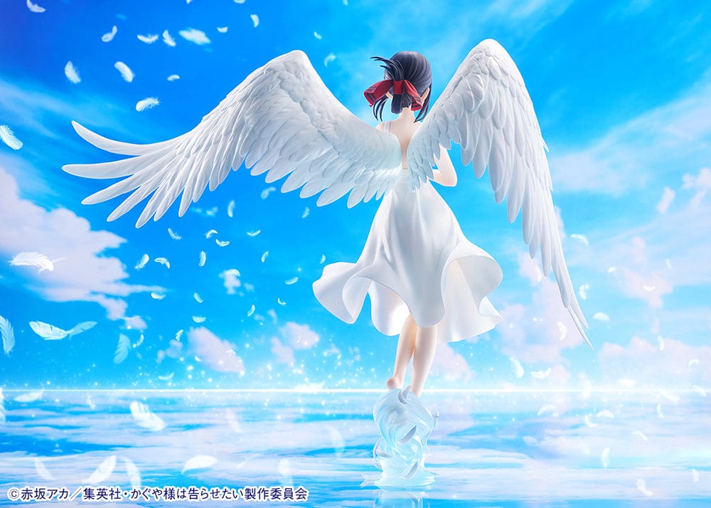 Kaguya-sama: Love is War Kaguya Shinomiya (Ending Ver.) Figure - Elegant anime figure of Kaguya Shinomiya in a white dress with large, detailed angel wings, standing on a translucent blue water-like base.
