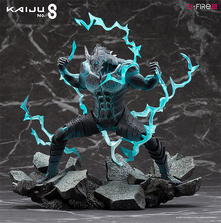 Kaiju No. 8 S-Fire Kaiju No. 8 1/7 Scale Figure, featuring a dynamic pose with blue electric arcs and a shattered earth base.