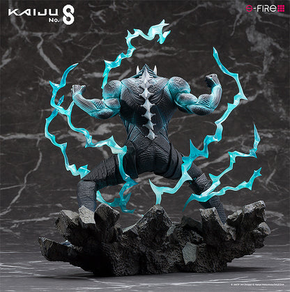 Kaiju No. 8 S-Fire Kaiju No. 8 1/7 Scale Figure, featuring a dynamic pose with blue electric arcs and a shattered earth base.