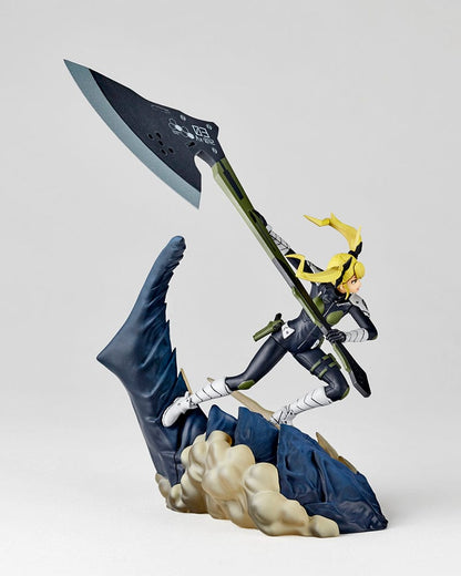 Kaiju No. 8 Kikoru Shinomiya 1/18 Scale Figure in a dynamic battle pose, wielding a massive axe against a kaiju.