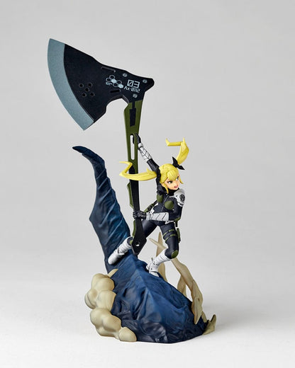 Kaiju No. 8 Kikoru Shinomiya 1/18 Scale Figure in a dynamic battle pose, wielding a massive axe against a kaiju.
