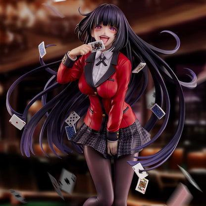 Kakegurui Yumeko Jabami 1/6 Scale Figure in a dynamic pose with long flowing hair, red blazer, and surrounded by playing cards.