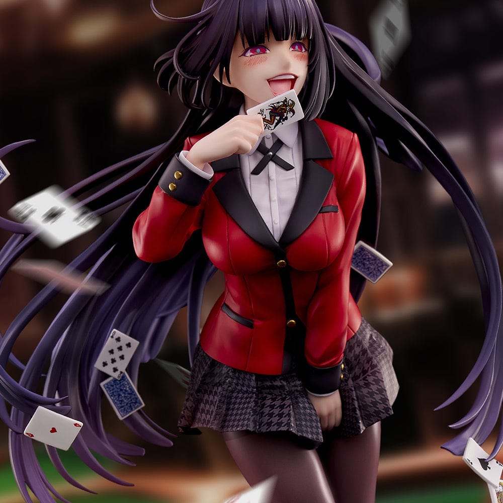 Kakegurui Yumeko Jabami 1/6 Scale Figure in a dynamic pose with long flowing hair, red blazer, and surrounded by playing cards.