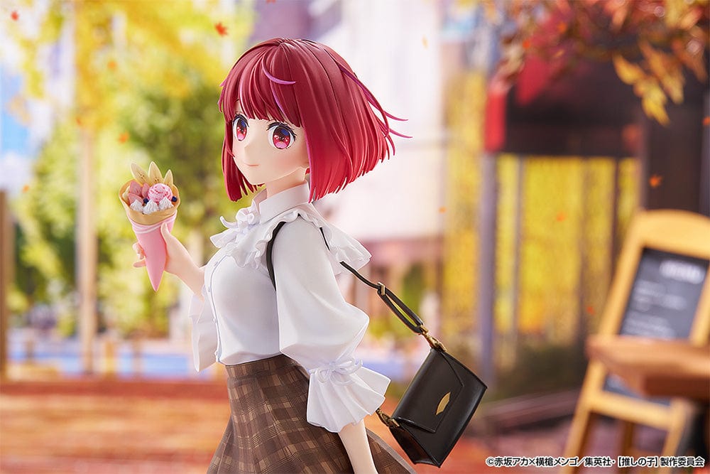 Oshi no Ko Kana Arima (Date Style Ver.) 1/6 Scale Figure, featuring Kana in a white blouse and plaid skirt, holding a sweet treat with a stylish cross-body bag.