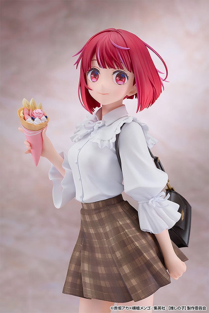 Oshi no Ko Kana Arima (Date Style Ver.) 1/6 Scale Figure, featuring Kana in a white blouse and plaid skirt, holding a sweet treat with a stylish cross-body bag.