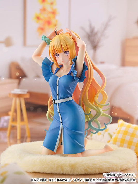 "Classroom of the Elite" 1/6 scale figure of Kei Karuizawa, poised gracefully in a blue dress with her hair in a multicolored gradient, set against a plush base, capturing her poised and enigmatic character.