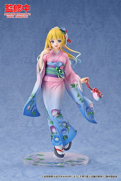 Classroom of the Elite Kei Karuizawa (Kimono Ver.) 1/7 Scale Figure, featuring intricate floral kimono design, delicate golden hair adorned with traditional hairpiece, holding a lucky charm, embodying a blend of modern and classic beauty.
