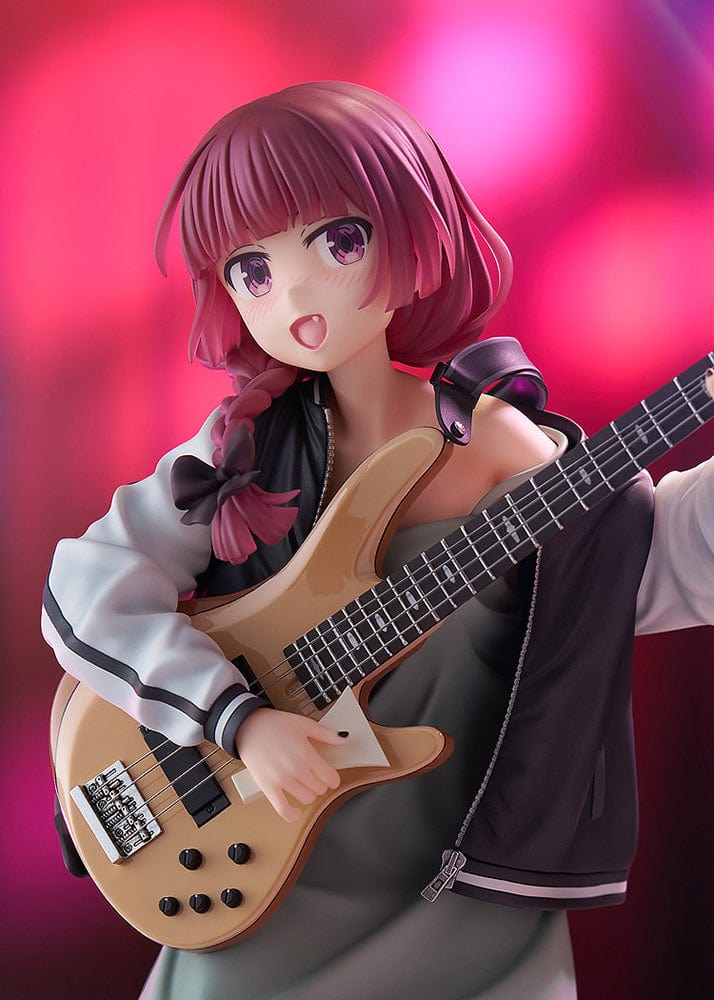 Bocchi the Rock! DreamTech Kikuri Hiroi 1/7 Scale Figure holding bass guitar in performance pose on checkered base.