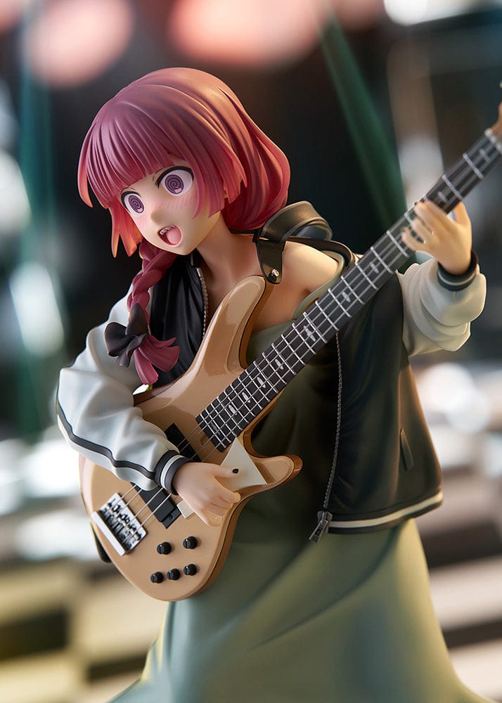 Bocchi the Rock! DreamTech Kikuri Hiroi 1/7 Scale Figure holding bass guitar in performance pose on checkered base.